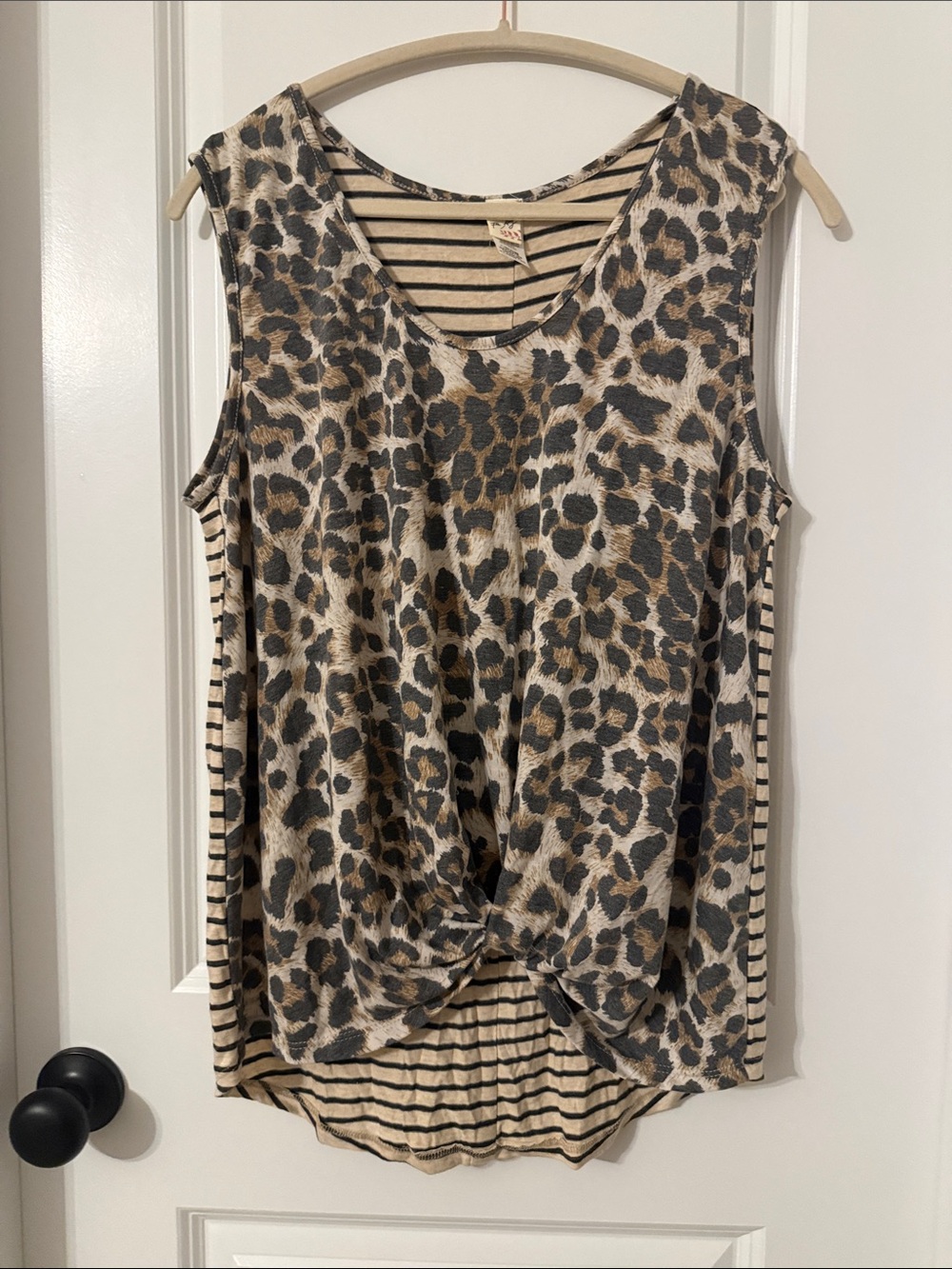 7th Ray Beige and Brown Leopard Knot Front Tank
